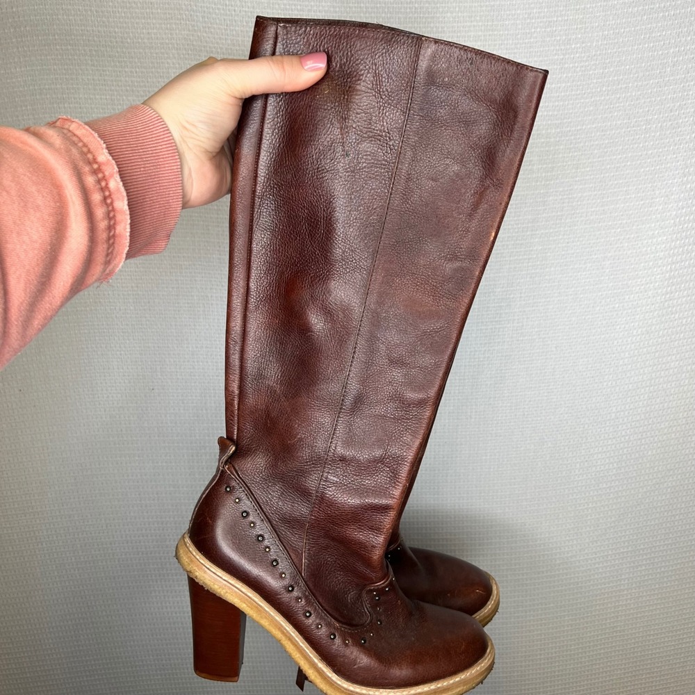 Schuler & Sons Brown Leather‎ Studded Tall Boots Block Heel Mahogany Womens